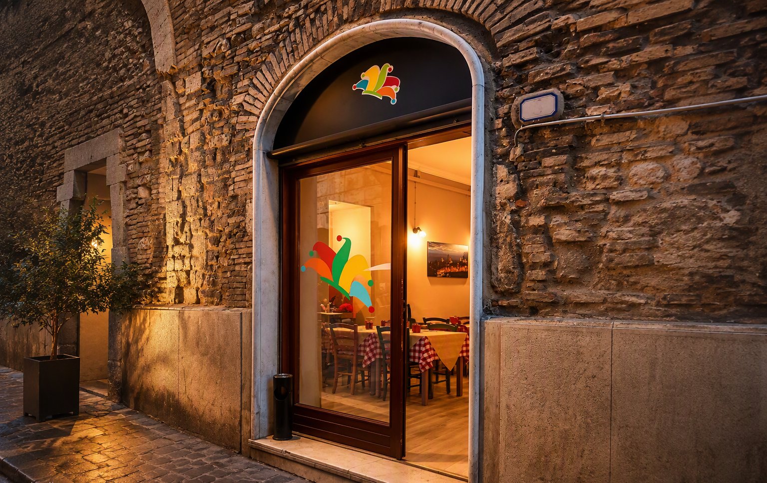 L'ingresso con il logo del Giullare