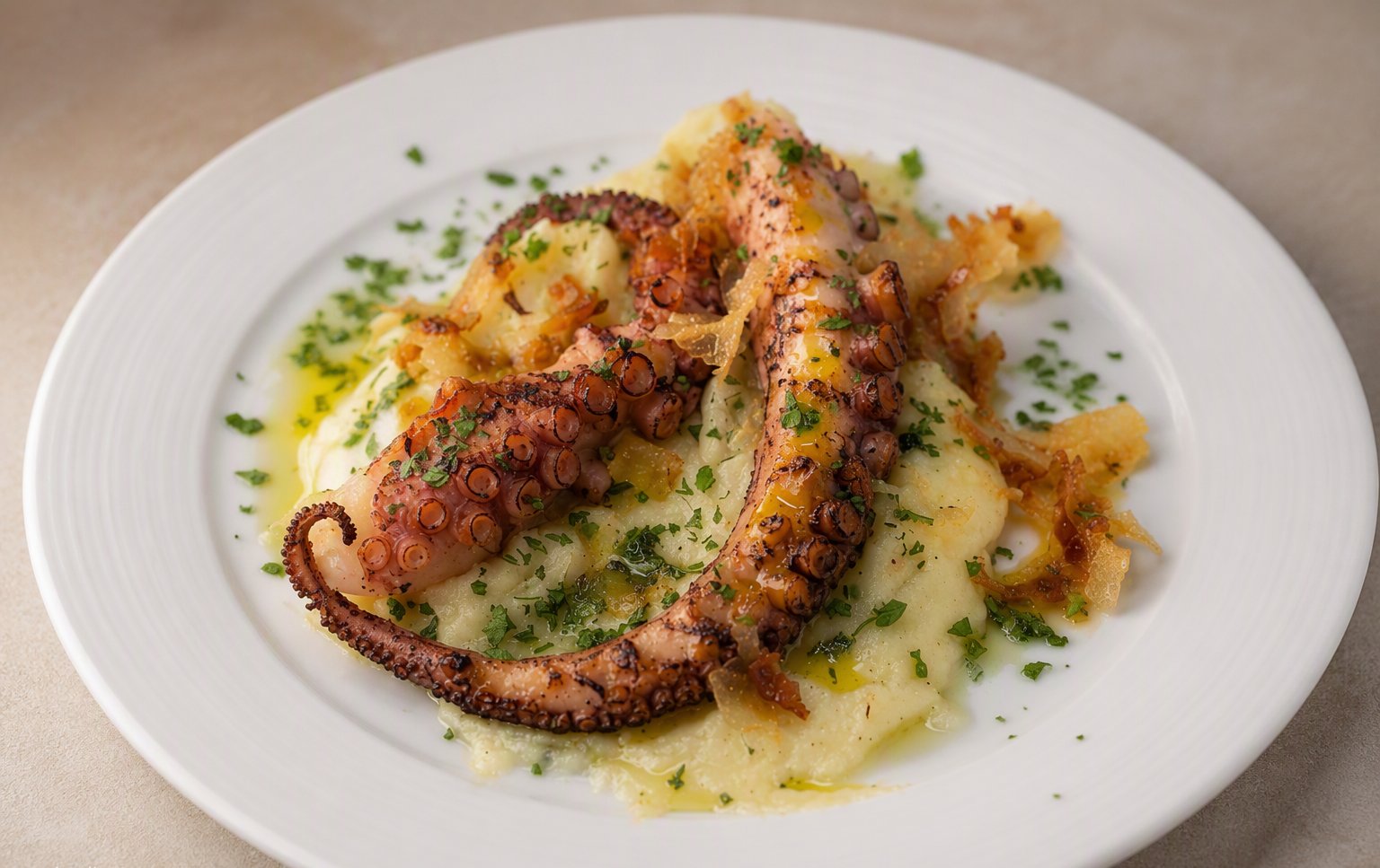 Polpo scottato alla griglia su crema di patate e pancetta croccante
